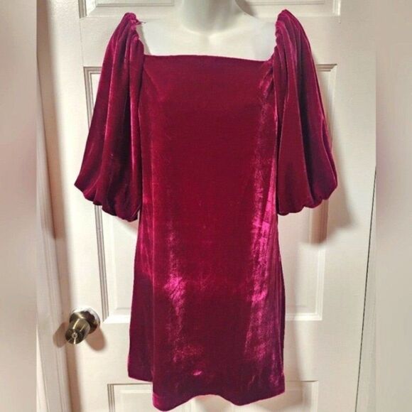 Rebecca Minkoff Fuchsia Vienne Velvet Square Neck Short Puff Sleeve Mini Dress - Picture 1 of 11